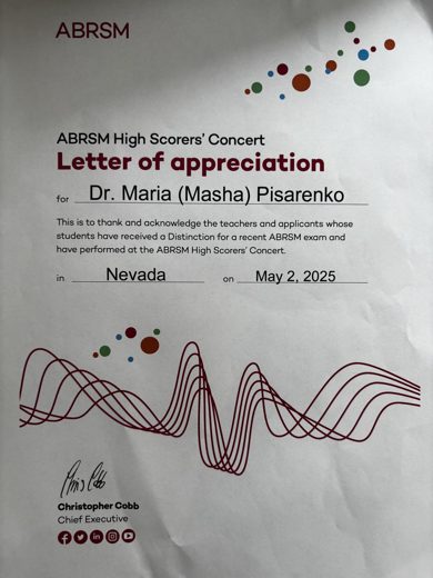 Letter of Appreciation from ABRSM &mdash; the Associated Board of the Royal Schools of Music, 2025