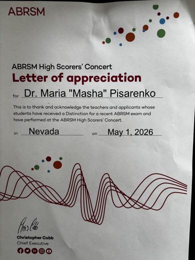 Letter of Appreciation from ABRSM &mdash; the Associated Board of the Royal Schools of Music, 2026