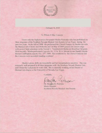 Letter from Dr. Douglas R. Peterson, 2010, on official letterhead