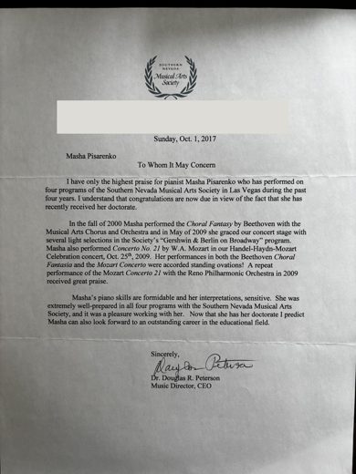 Letter from Dr. Douglas R. Peterson, 2017, on official letterhead