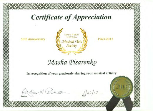 Certificate of Appreciation from Southern Nevada Musical Arts Society, 2013