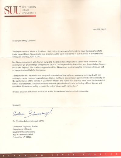 Letter from Dr. Christian Bohnenstengel, NCTM, 2012, on official letterhead