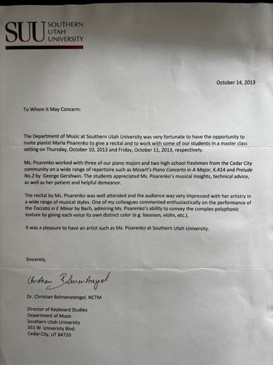 Letter from Dr. Christian Bohnenstengel, NCTM, 2013, on official letterhead