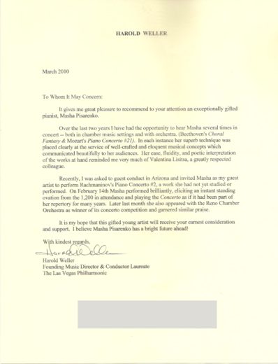 Letter from Harold Weller, 2010, on official letterhead